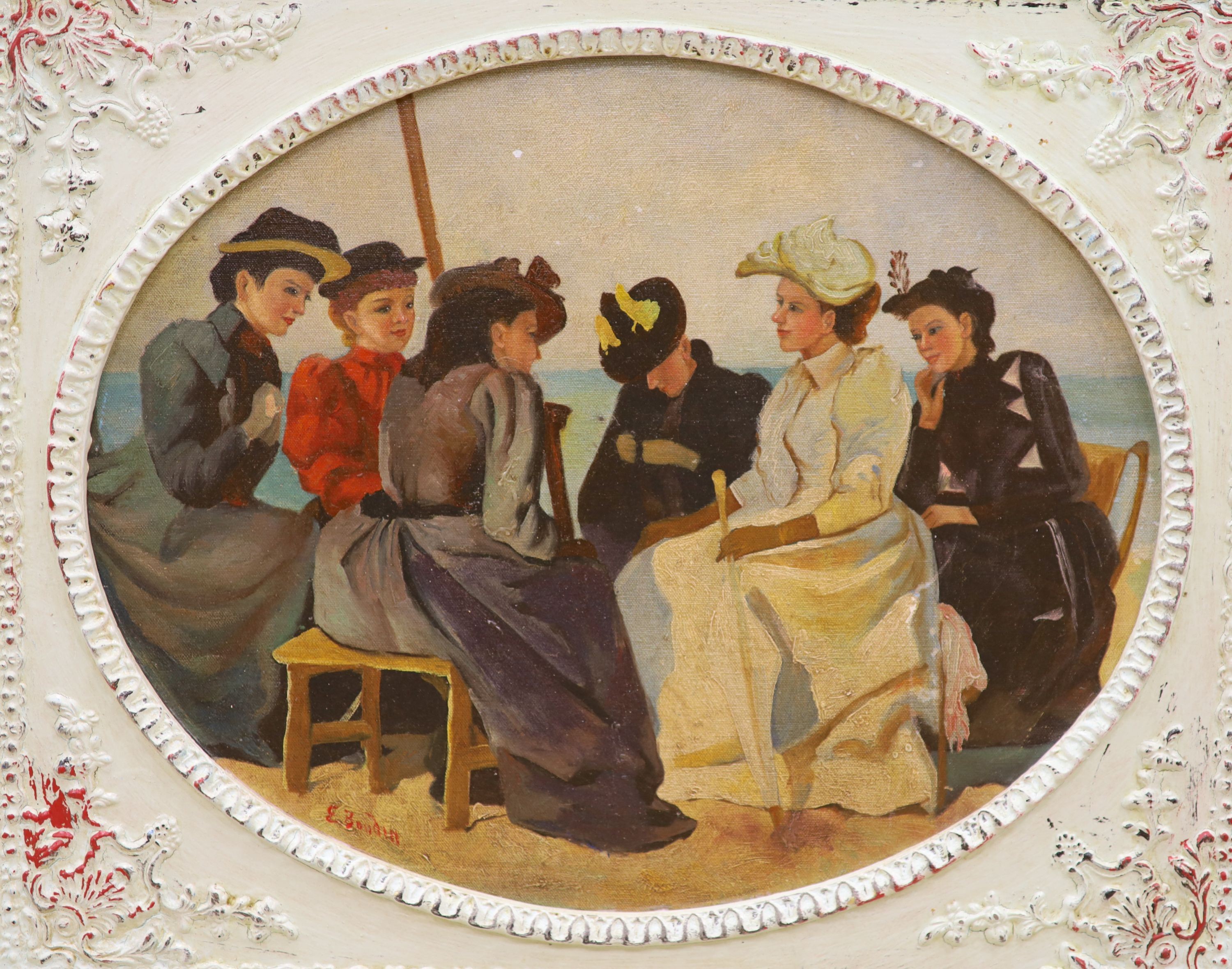 After Boudin, a modern oil on board of women in conversation, oval, 41 x 51cm.